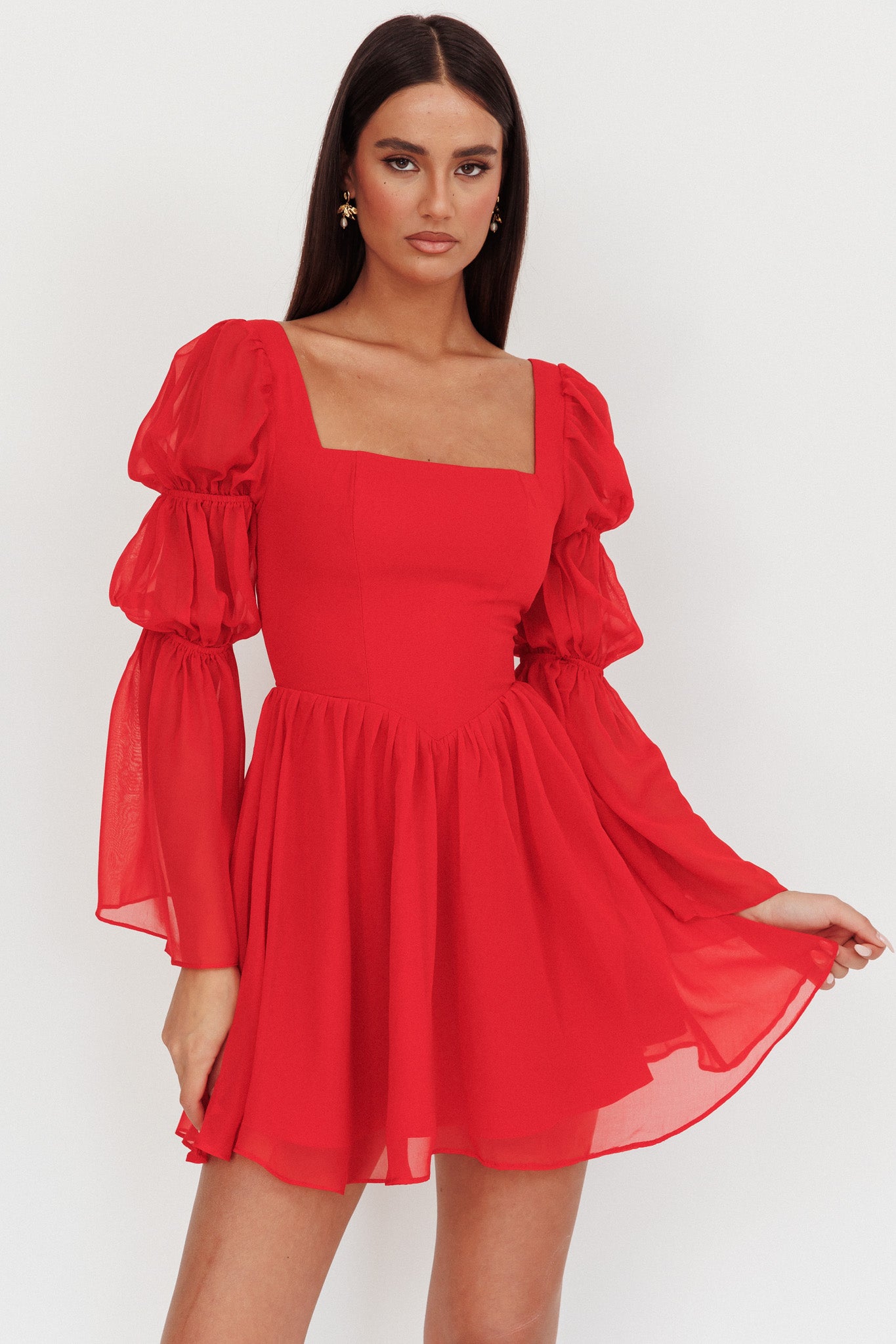 long sleeve mini dress red Miya Lemons Rosalyn Dress For and a square neckline LOOK Color:C5