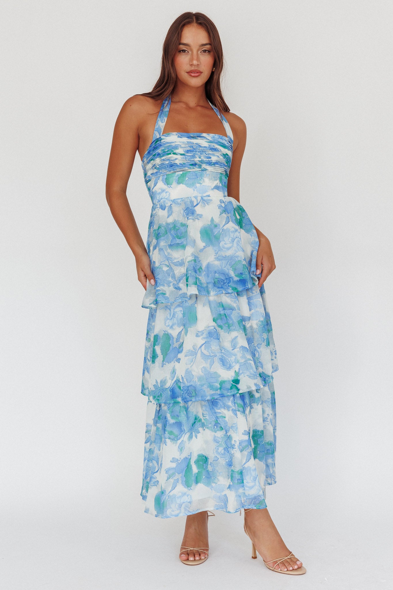 Seascape Halterneck Layered Maxi Dress Floral Blue by Selfie Leslie