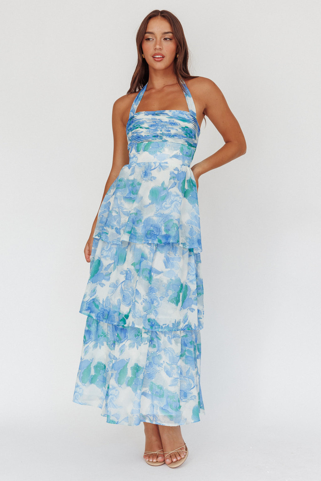 Seascape Halterneck Layered Maxi Dress Floral Blue by Selfie Leslie