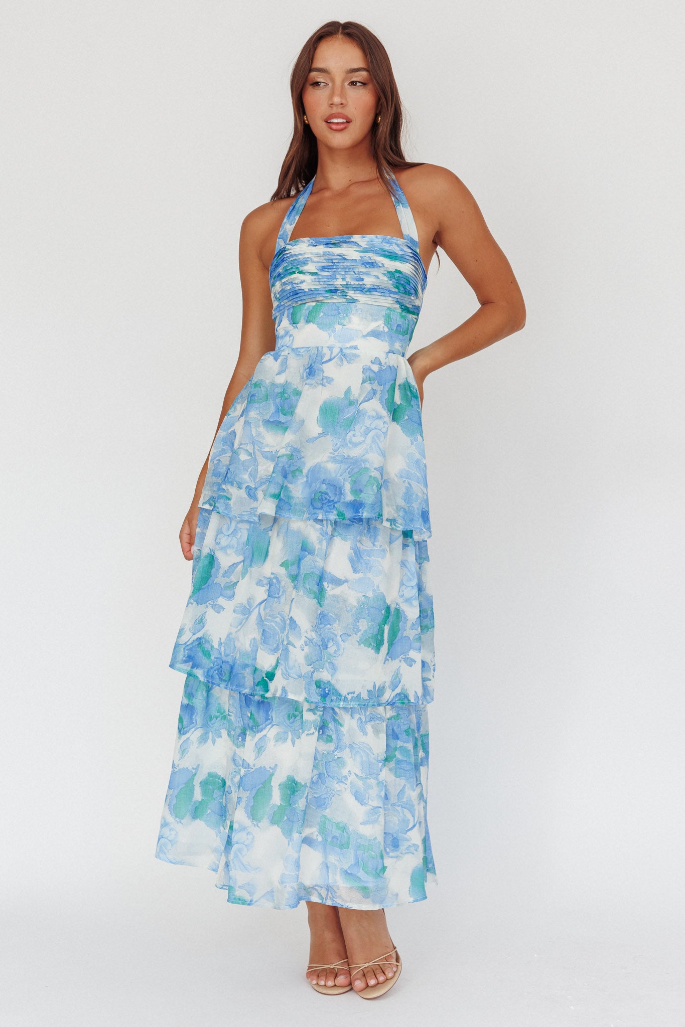 Seascape Halterneck Layered Maxi Dress Floral Blue by Selfie Leslie