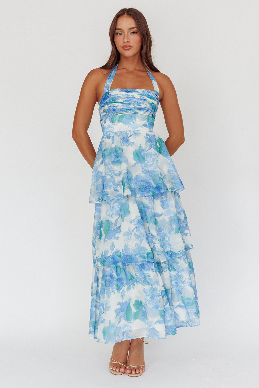 Seascape Halterneck Layered Maxi Dress Floral Blue by Selfie Leslie