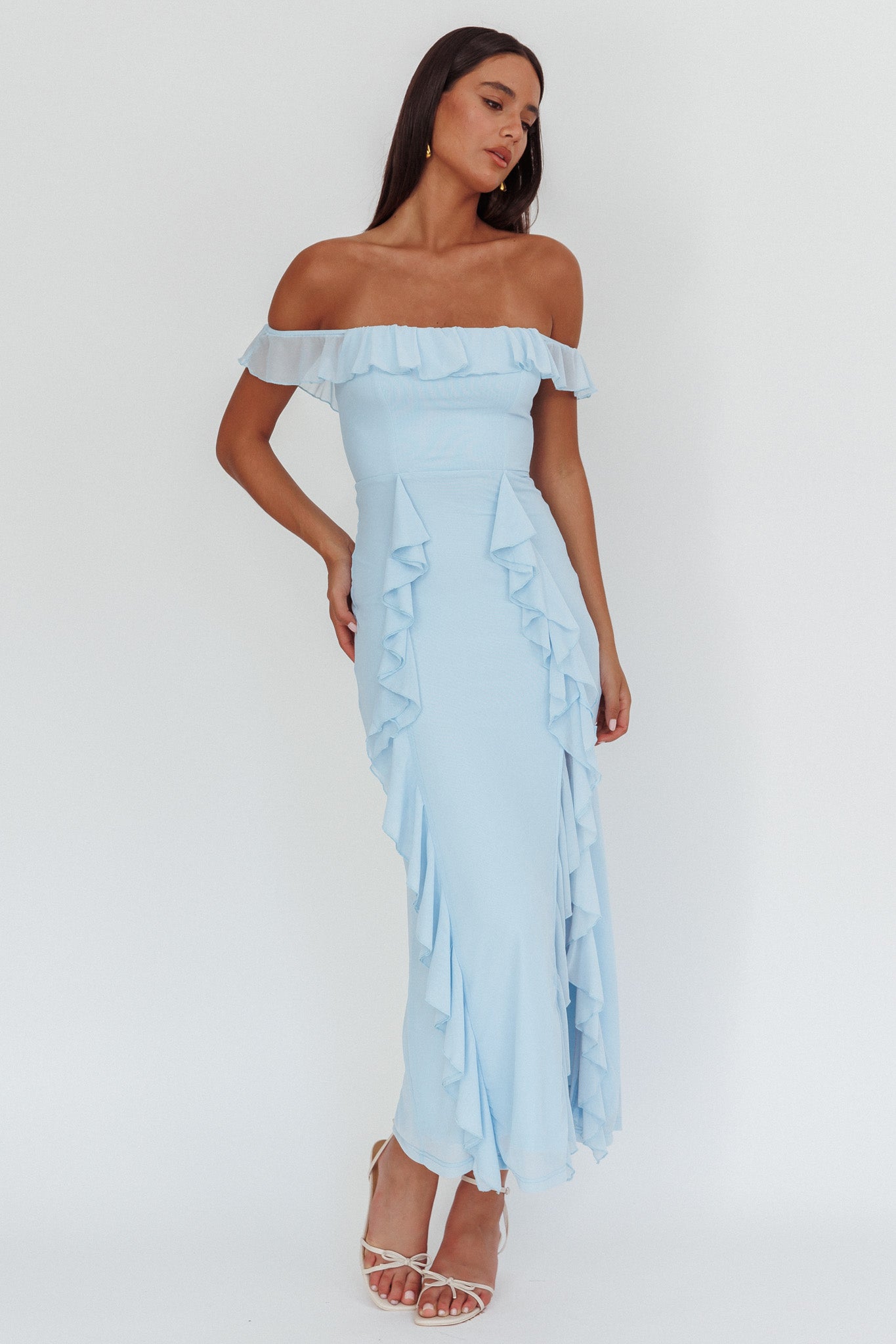 Flamenco Off-Shoulder Ruffle Maxi Dress Blue by Selfie Leslie