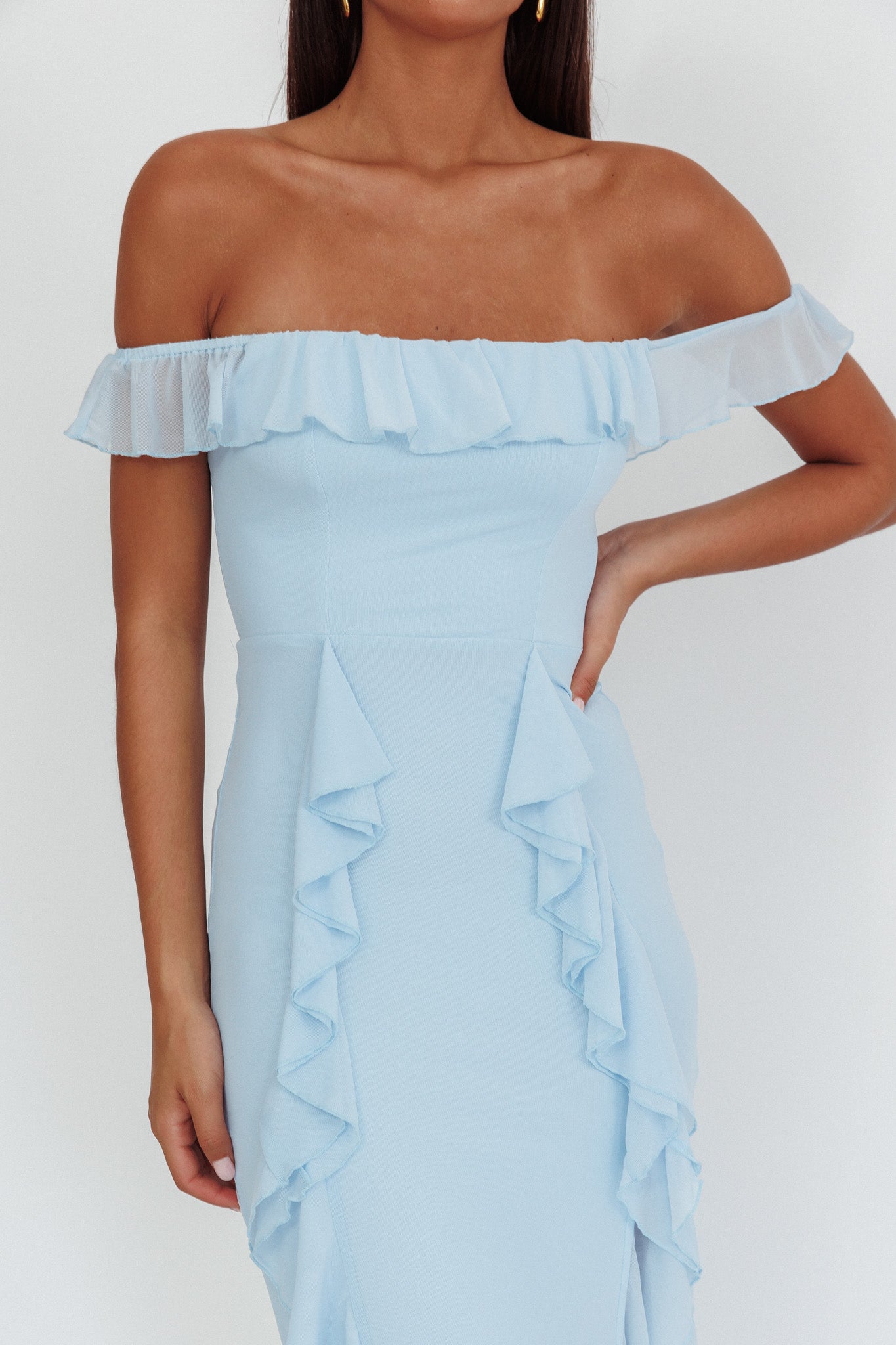Flamenco Off-Shoulder Ruffle Maxi Dress Blue - L Flamenco Off-Shoulder Ruffle Maxi Dress Blue - L