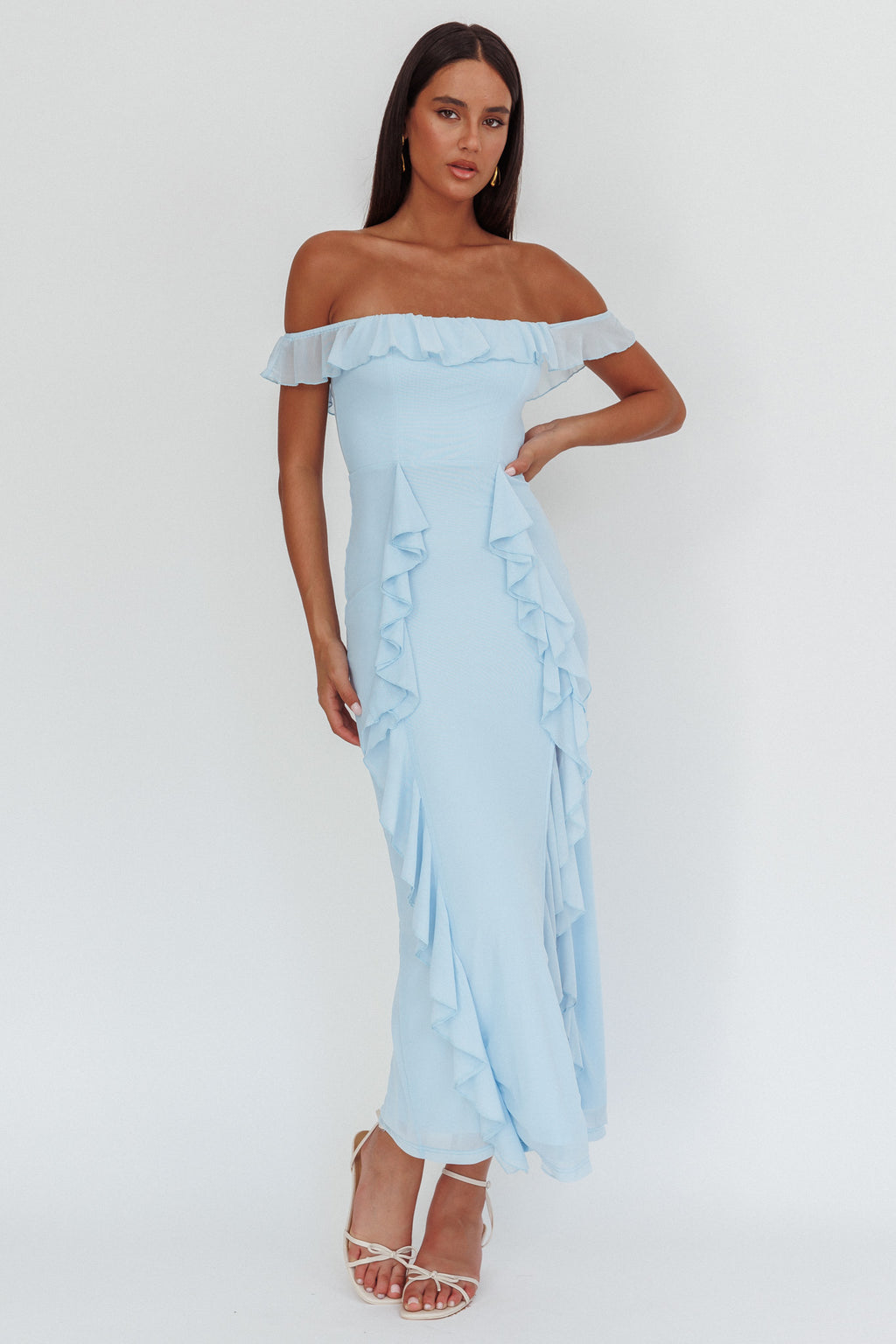 Flamenco Off-Shoulder Ruffle Maxi Dress Blue by Selfie Leslie