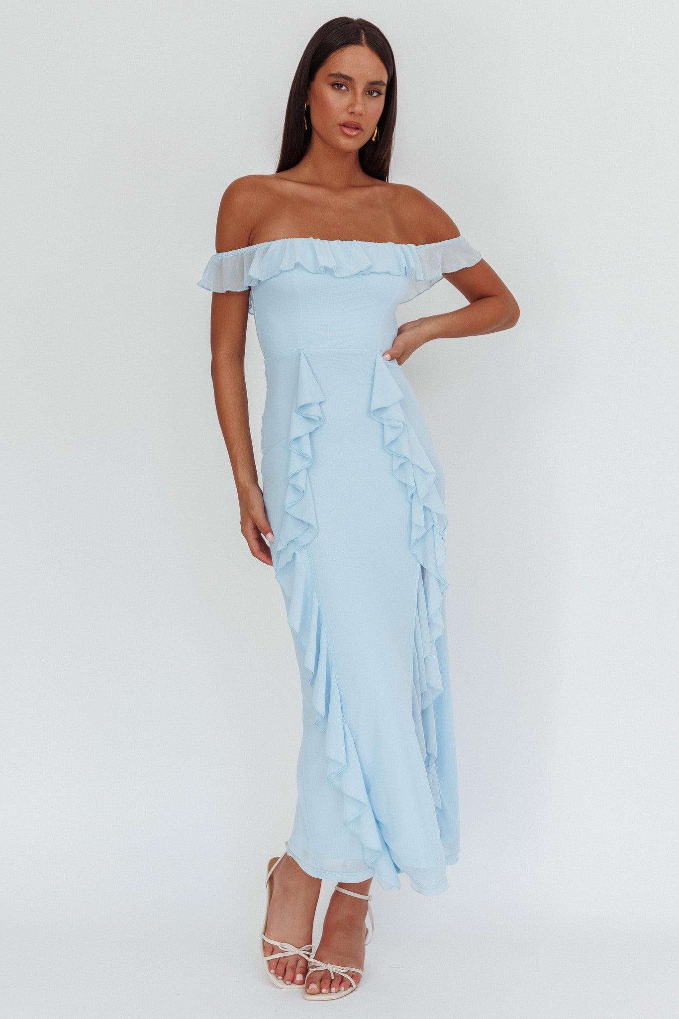 Flamenco Off-Shoulder Ruffle Maxi Dress Blue by Selfie Leslie