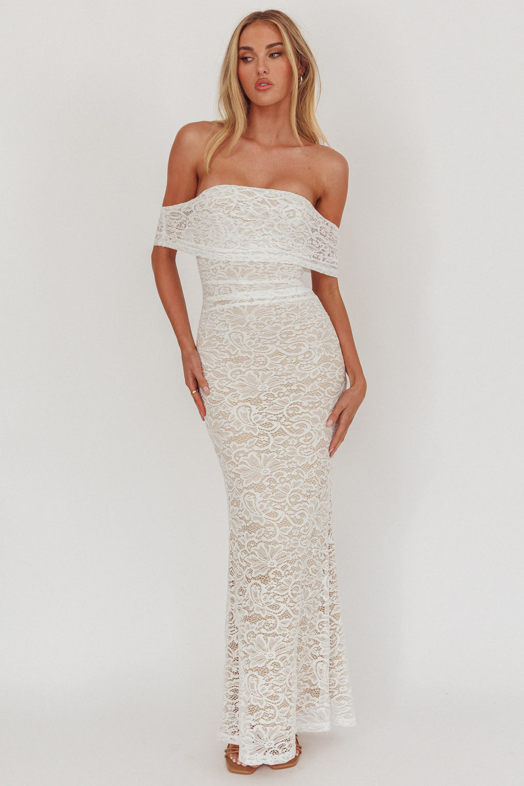 Flutters Off-Shoulder Lace Maxi Dress White by Selfie Leslie