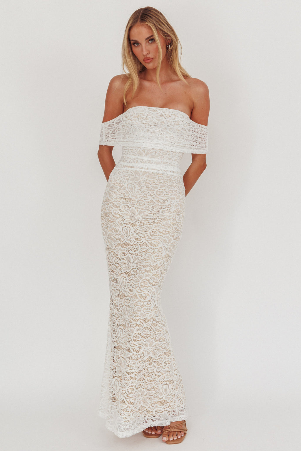 Flutters Off-Shoulder Lace Maxi Dress White by Selfie Leslie