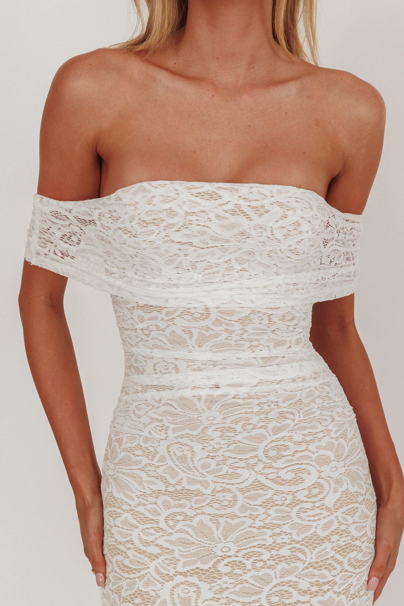 Flutters Off-Shoulder Lace Maxi Dress White by Selfie Leslie