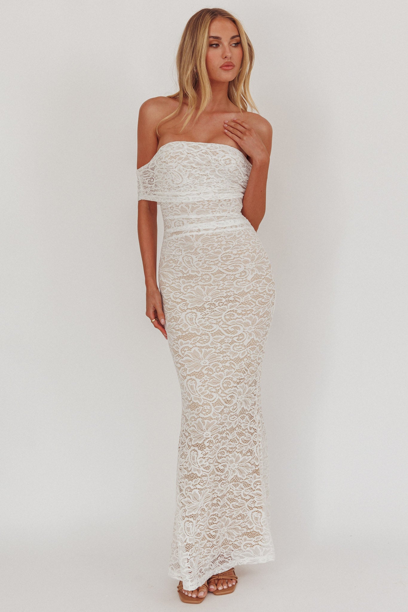 Flutters Off-Shoulder Lace Maxi Dress White by Selfie Leslie