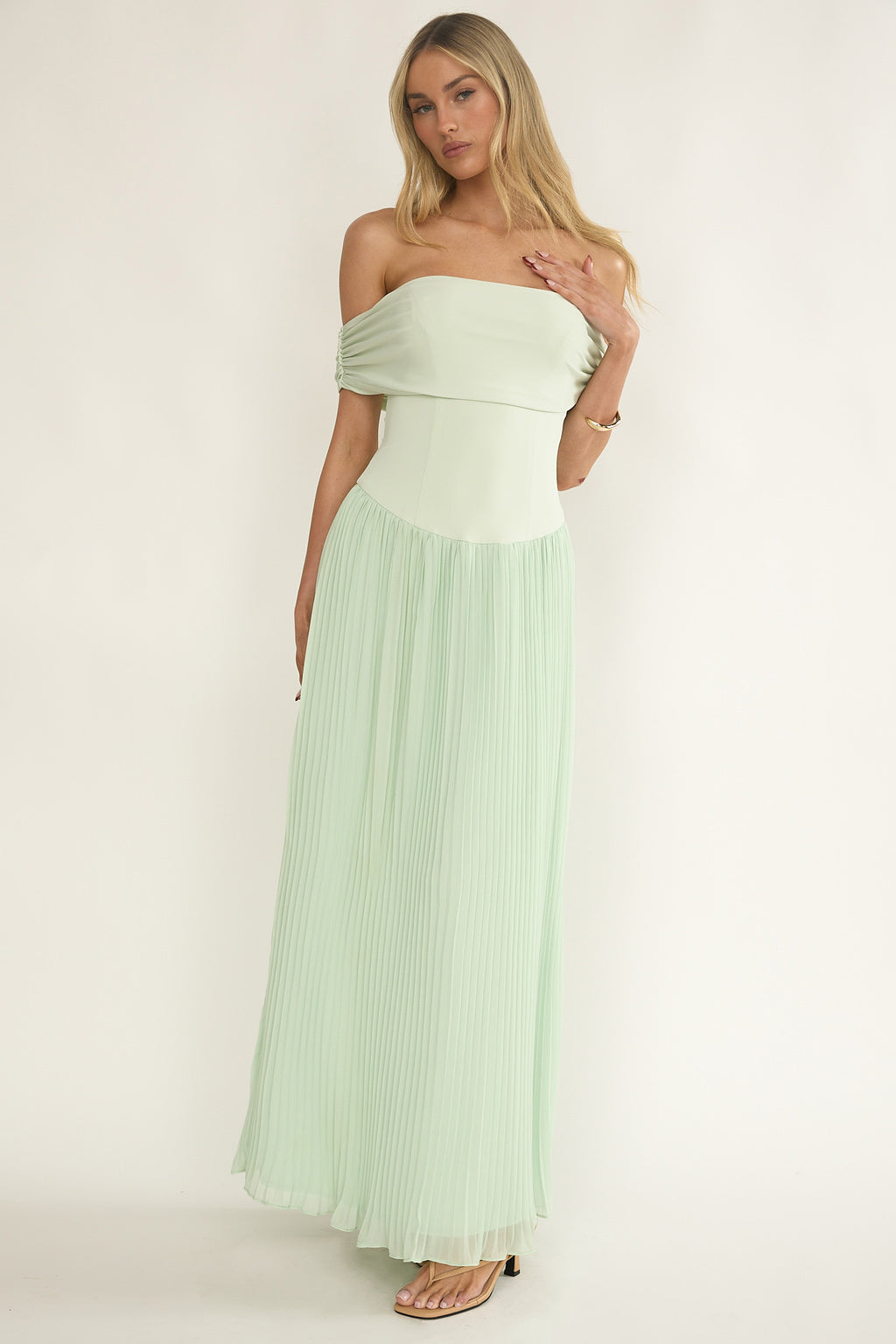 Flutters Off-Shoulder Accordion Pleat Dress Sage by Selfie Leslie