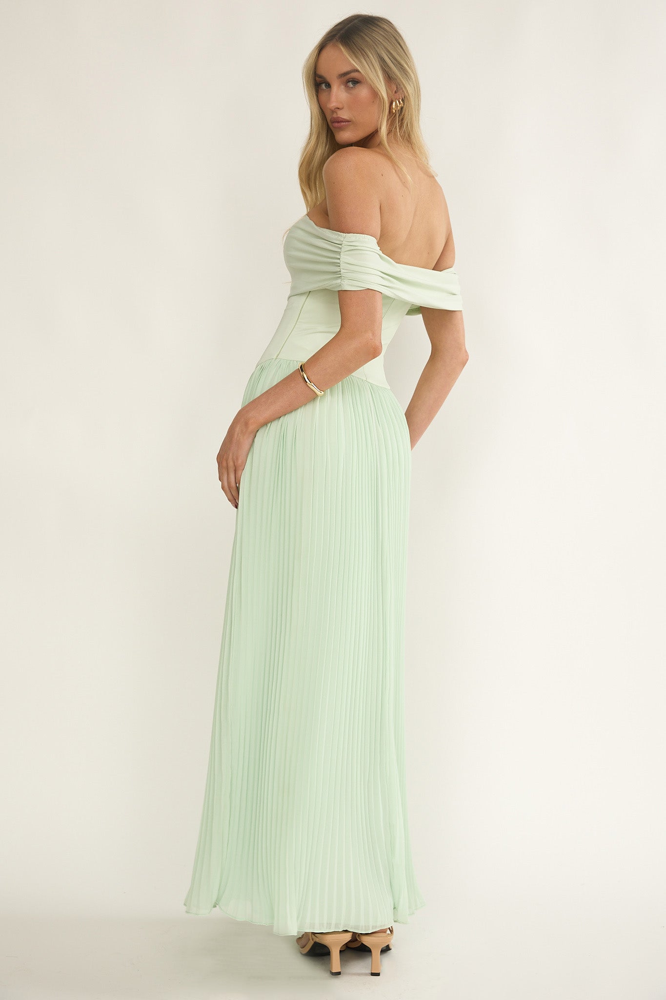 off the shoulder sage dress Flutters Off-Shoulder Accordion Pleat Dress Sage– Selfie Leslie