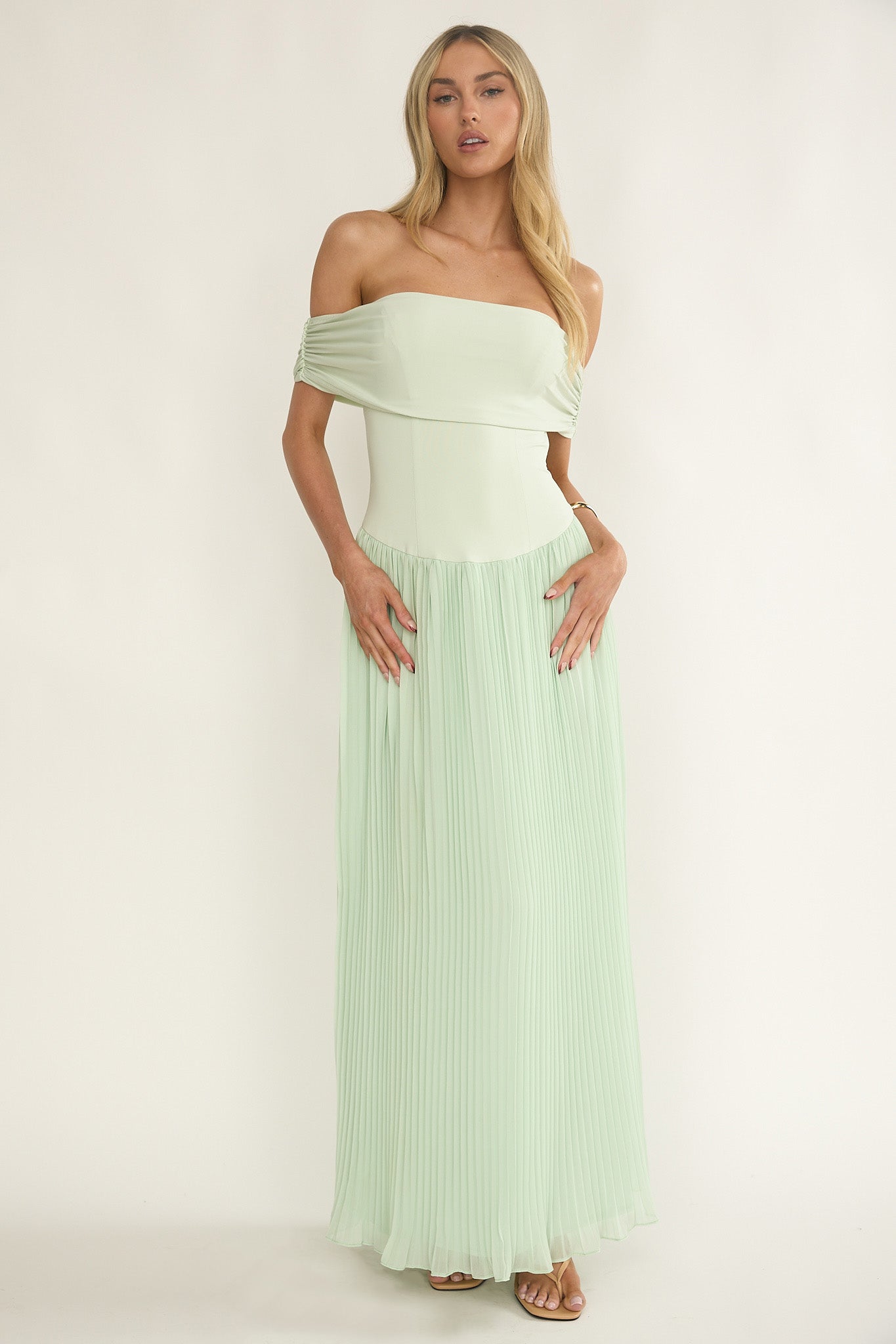 Flutters Off-Shoulder Accordion Pleat Dress Sage by Selfie Leslie