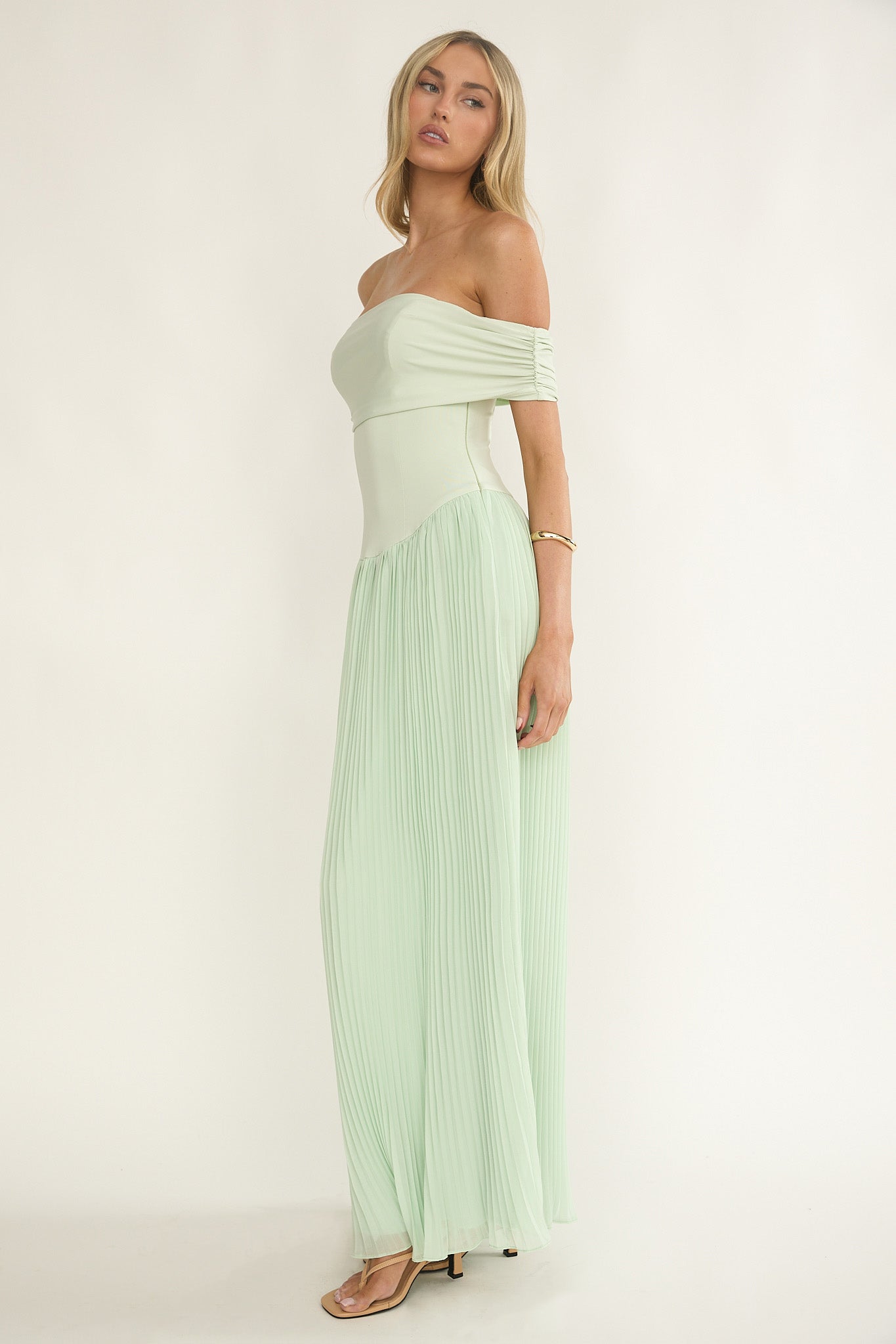 Flutters Off-Shoulder Accordion Pleat Dress Sage by Selfie Leslie