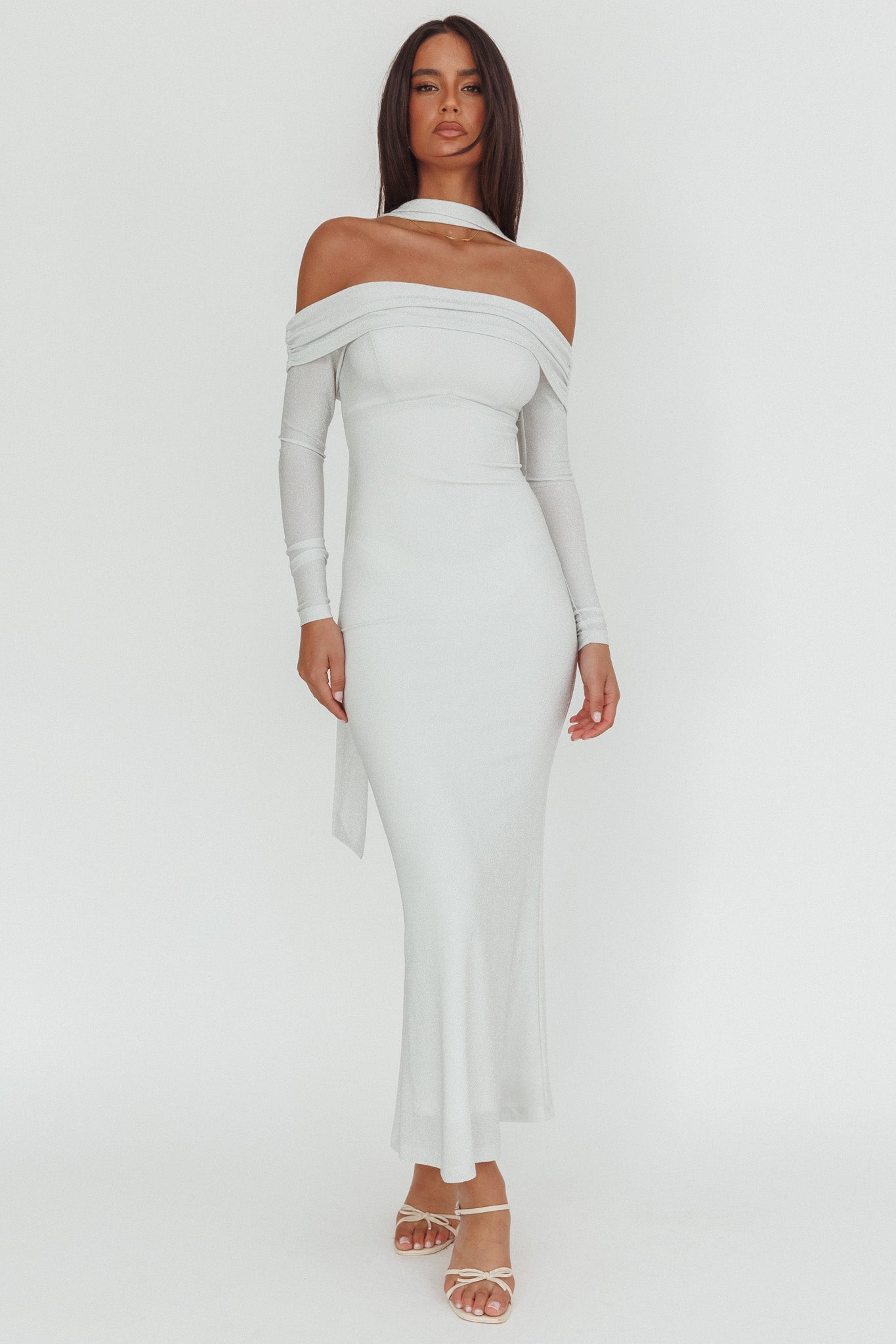 Flutters Off-Shoulder Long Sleeve Maxi Dress White