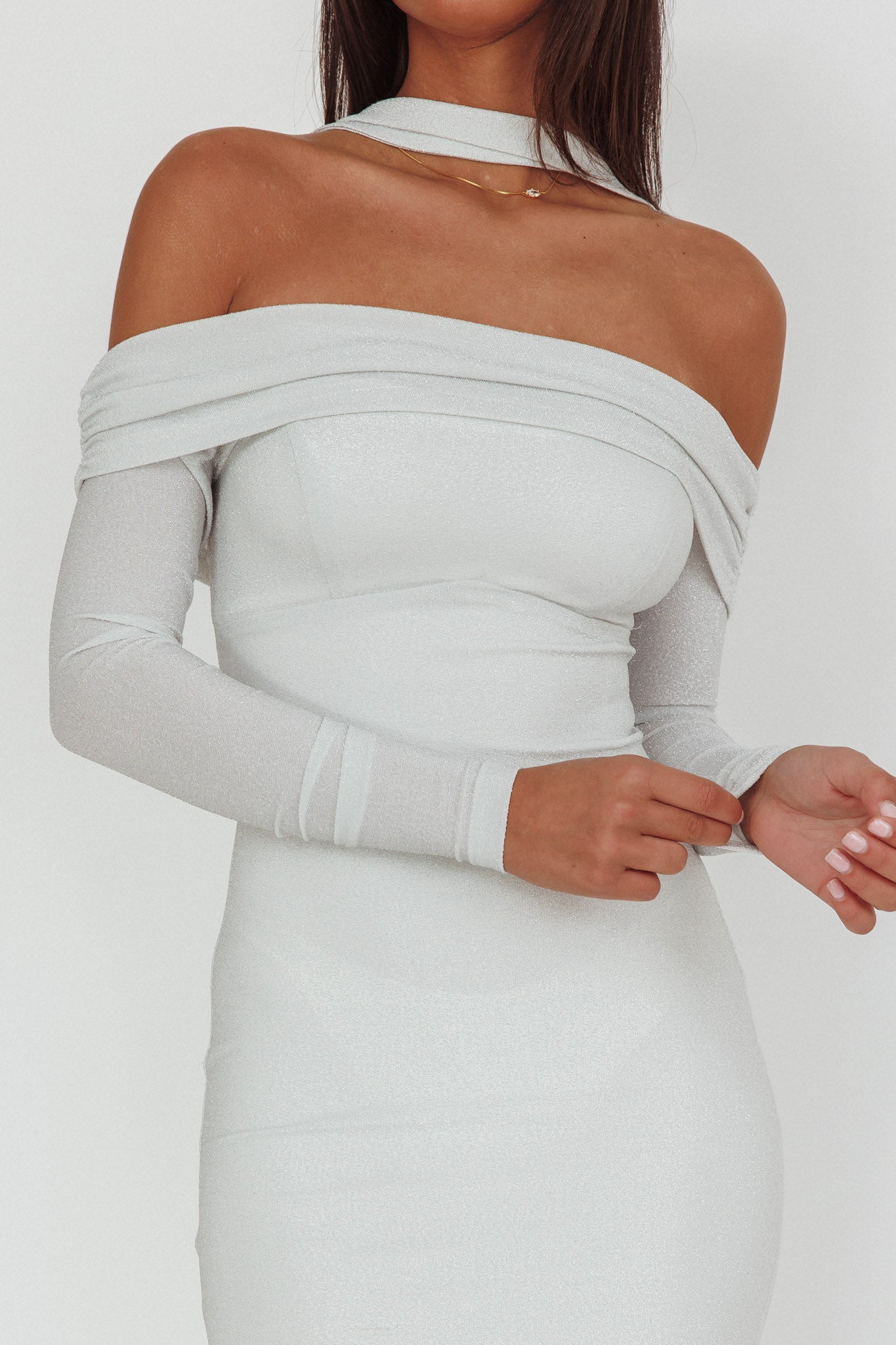 Flutters Off-Shoulder Long Sleeve Maxi Dress White