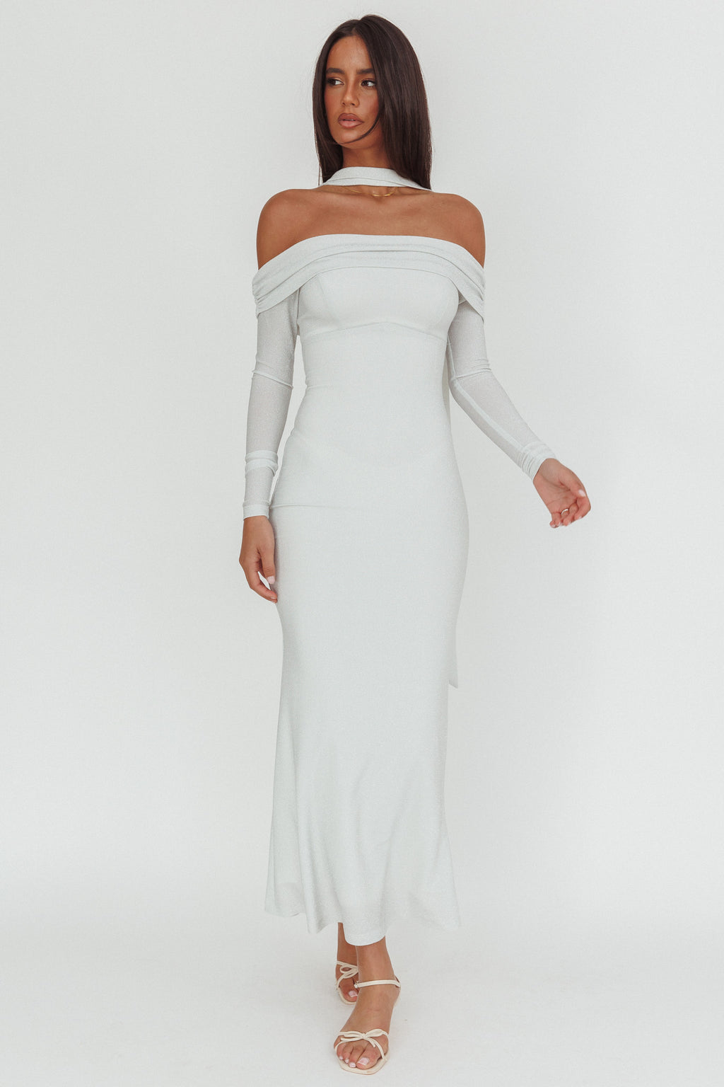 Flutters Off-Shoulder Long Sleeve Maxi Dress White