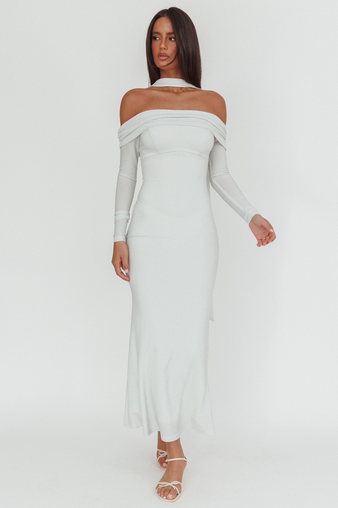 Flutters Off-Shoulder Long Sleeve Maxi Dress White Flutters Off-Shoulder Long Sleeve Maxi Dress White