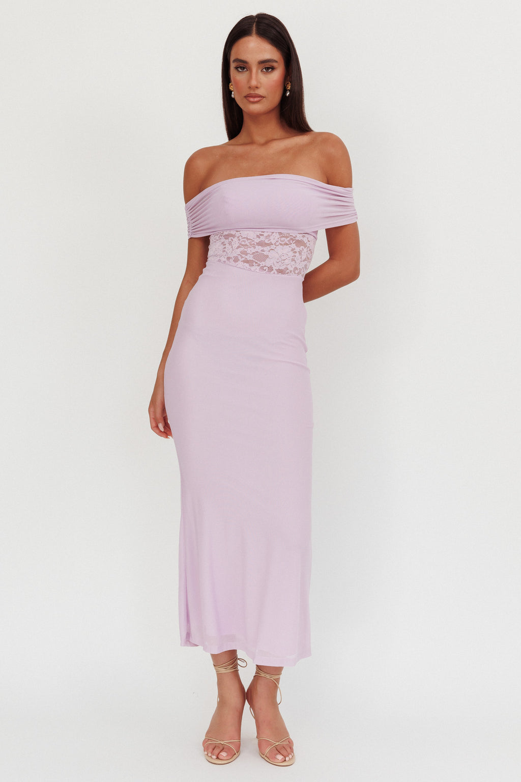Flutters Off-Shoulder Lace Insert Maxi Dress Lilac by Selfie Leslie