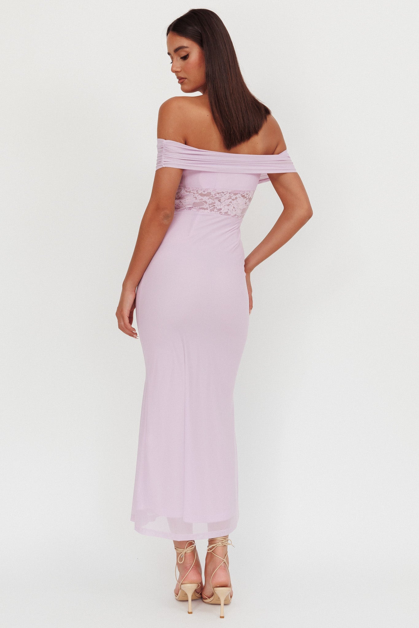 Flutters Off-Shoulder Lace Insert Maxi Dress Lilac | Selfie Leslie
