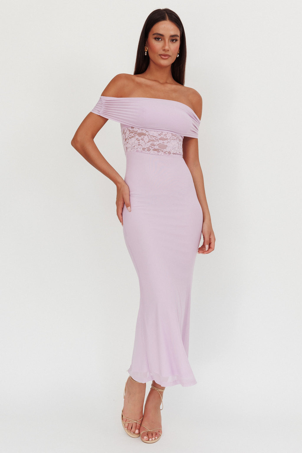 Flutters Off-Shoulder Lace Insert Maxi Dress Lilac by Selfie Leslie