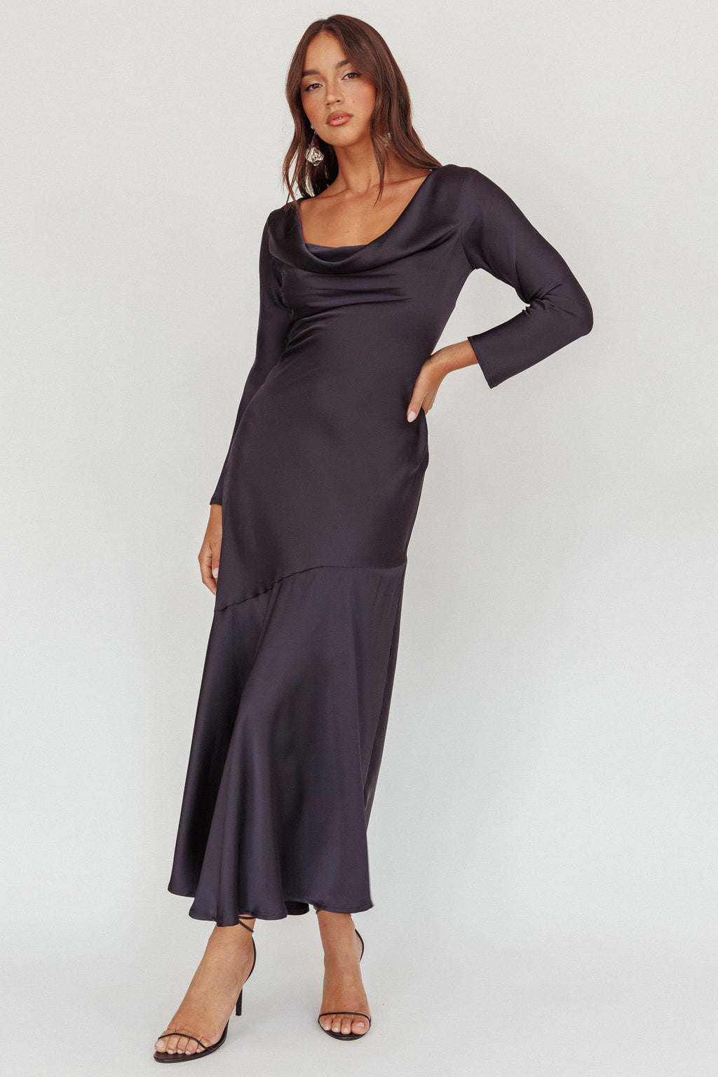 Cecilia Long Sleeve Drape Back Maxi Dress Navy by Selfie Leslie