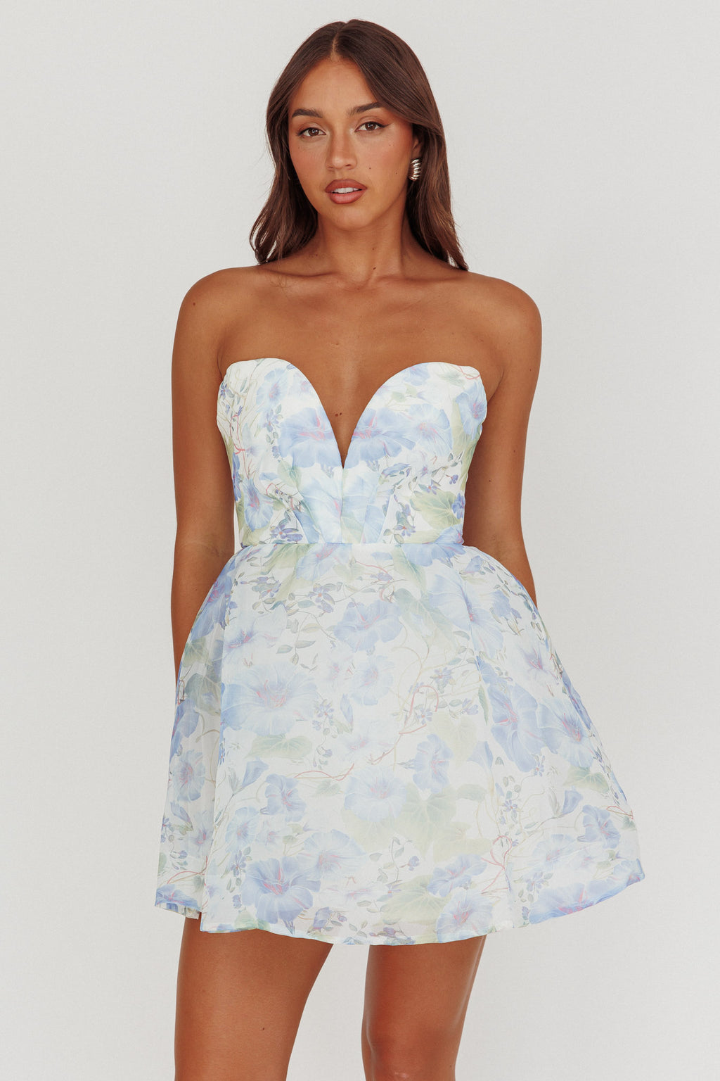 Gem Deep Sweetheart Neckline Mini Dress Floral Blue by Selfie Leslie