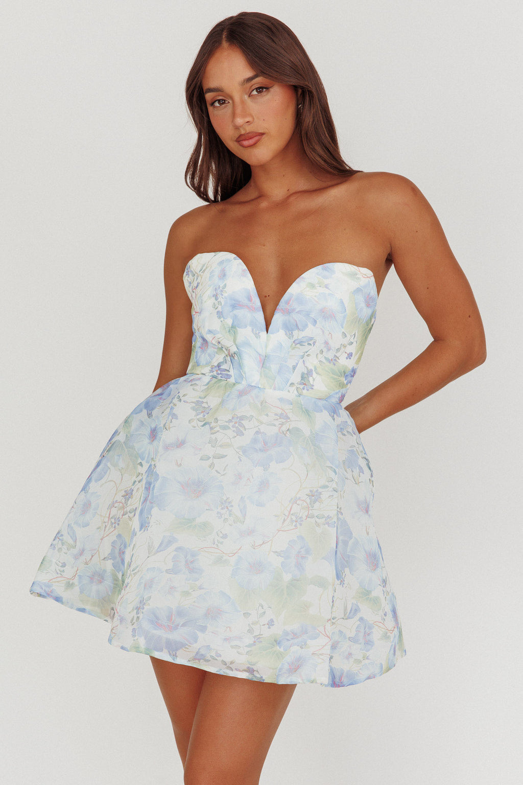 Gem Deep Sweetheart Neckline Mini Dress Floral Blue by Selfie Leslie