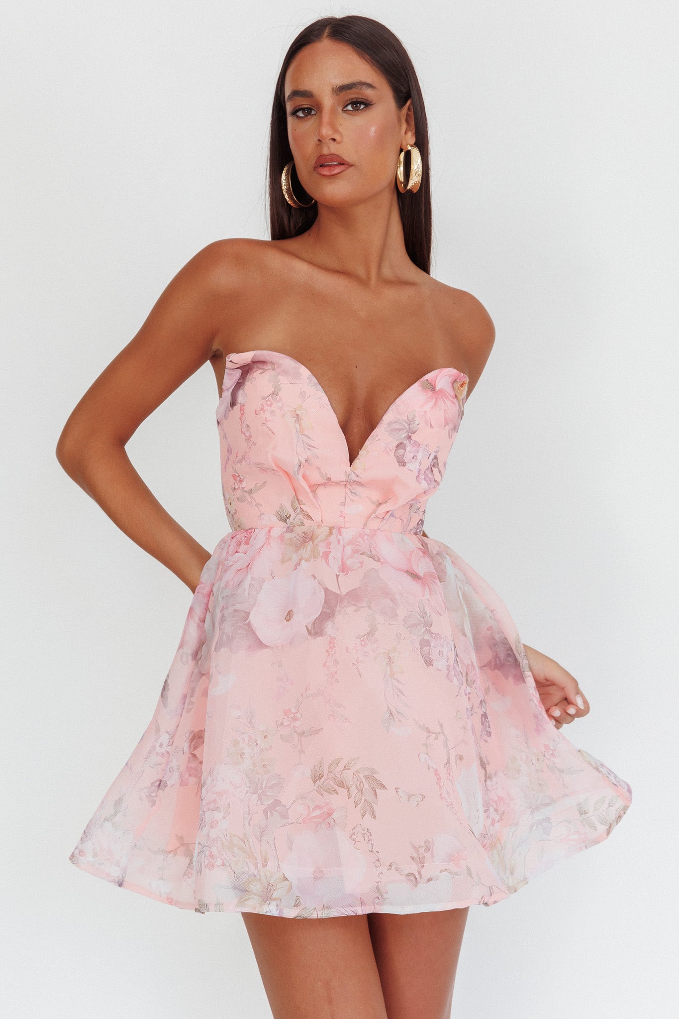 Shop the Gem Deep Sweetheart Neckline Mini Dress Floral Pink