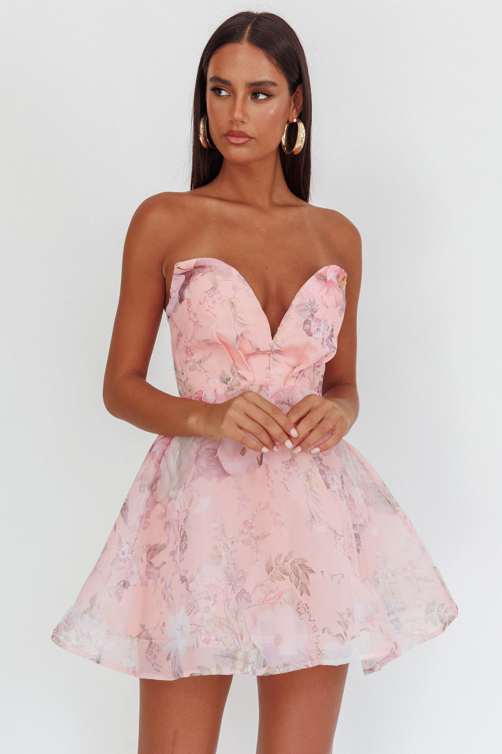 Gem Deep Sweetheart Neckline Mini Dress Floral Pink by Selfie Leslie