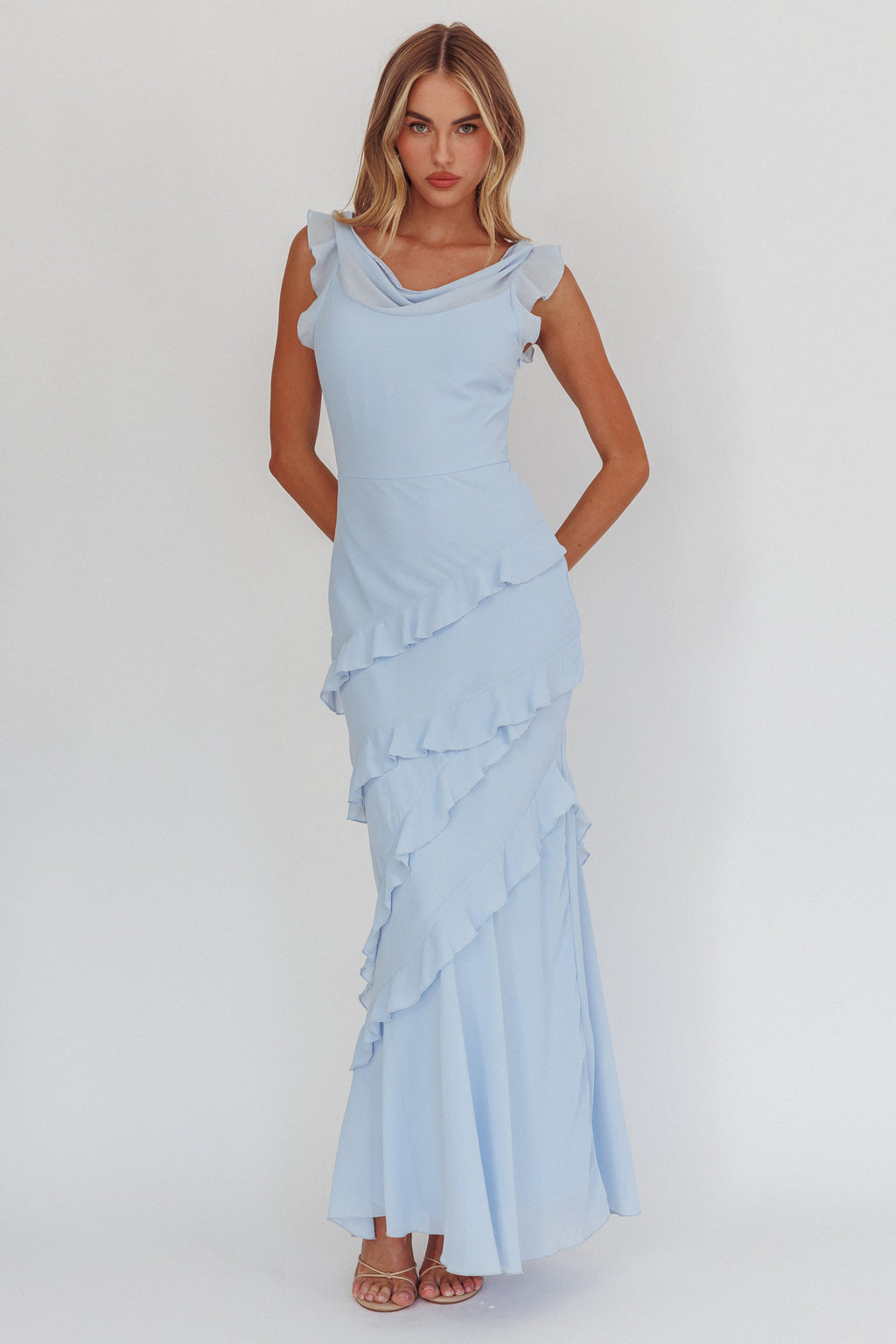 Sangria Cowl Neck Frill Maxi Dress Blue by Selfie Leslie