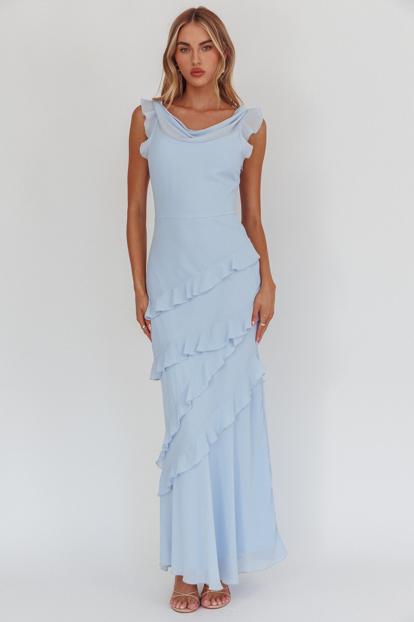 Sangria Cowl Neck Frill Maxi Dress Blue by Selfie Leslie