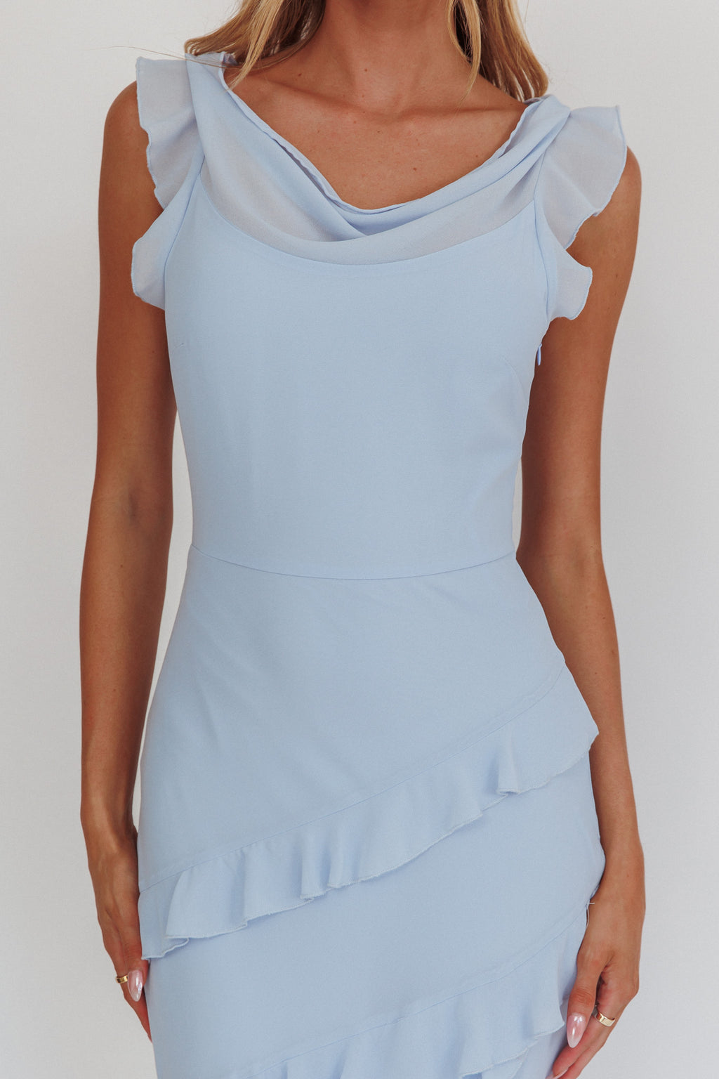 Sangria Cowl Neck Frill Maxi Dress Blue by Selfie Leslie