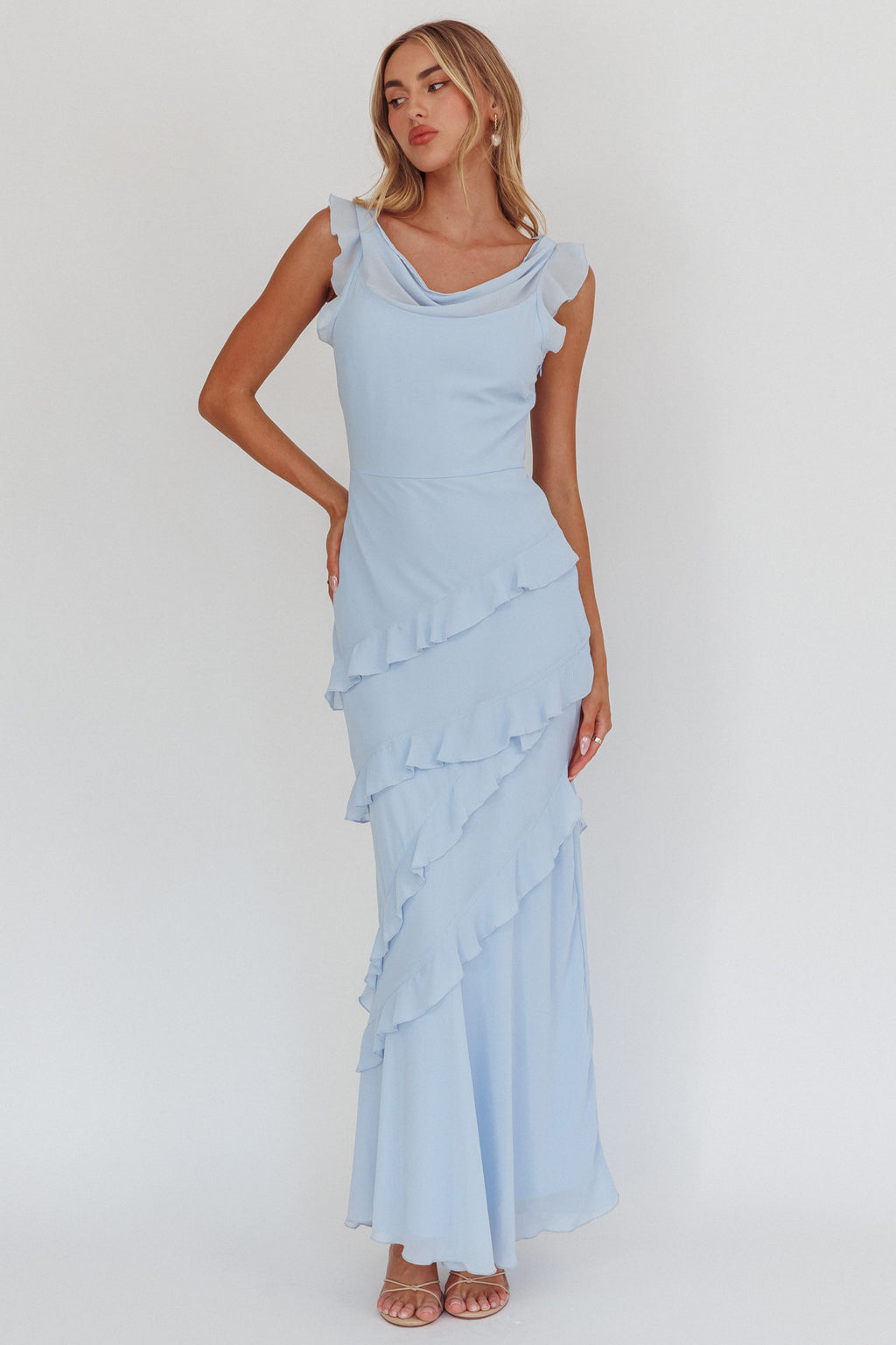 Sangria Cowl Neck Frill Maxi Dress Blue by Selfie Leslie