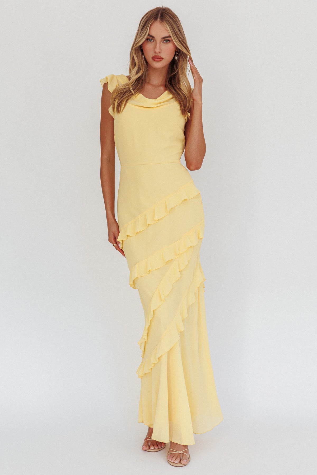 compliment me maxi dress lemon Sangria Cowl Neck Frill 32.0 CARE Hand Wash MEMSALE24 Prom Dresses Sale In Color:Fawn
