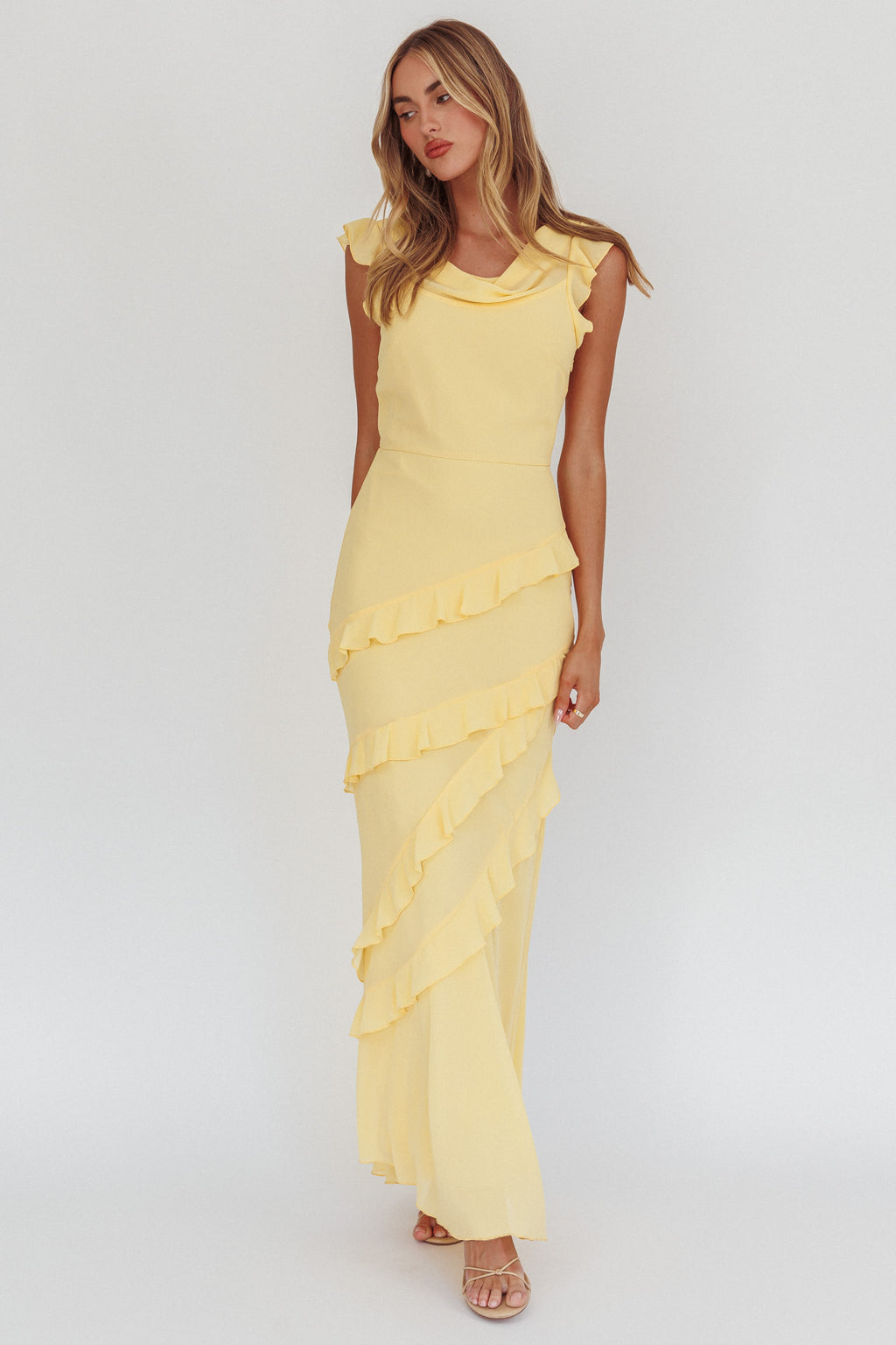 Sangria Cowl Neck Frill Maxi Dress Lemon by Selfie Leslie