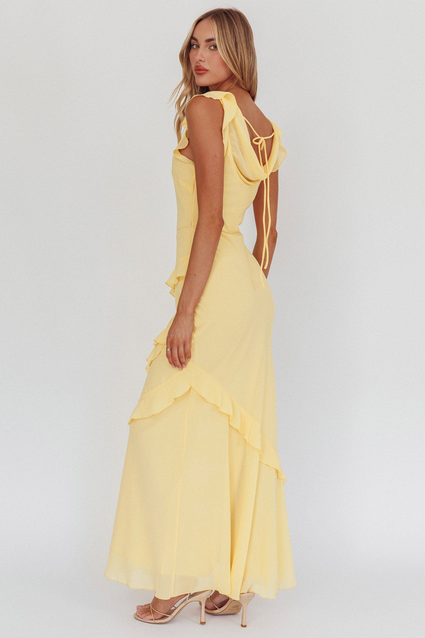 Sangria Cowl Neck Frill Maxi Dress Lemon by Selfie Leslie