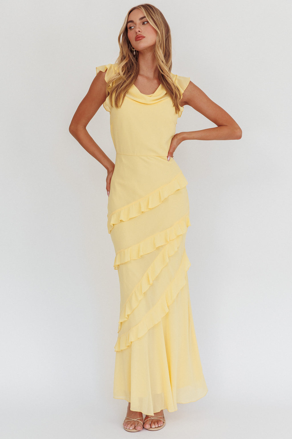 Sangria Cowl Neck Frill Maxi Dress Lemon by Selfie Leslie