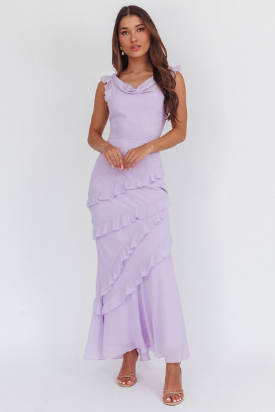 Sangria Cowl Neck Frill Maxi Dress Lilac | Selfie Leslie
