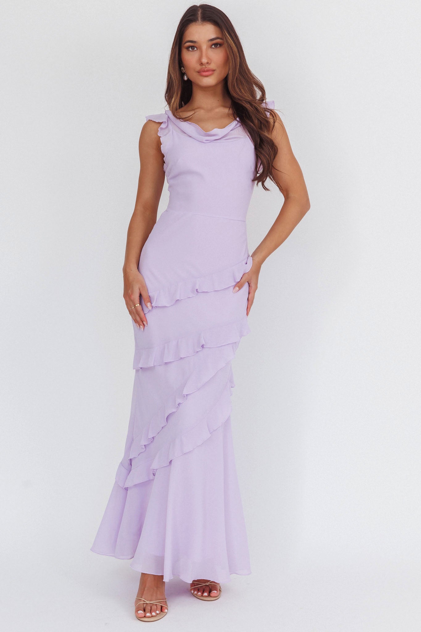 Sangria Cowl Neck Frill Maxi Dress Lilac– Selfie Leslie