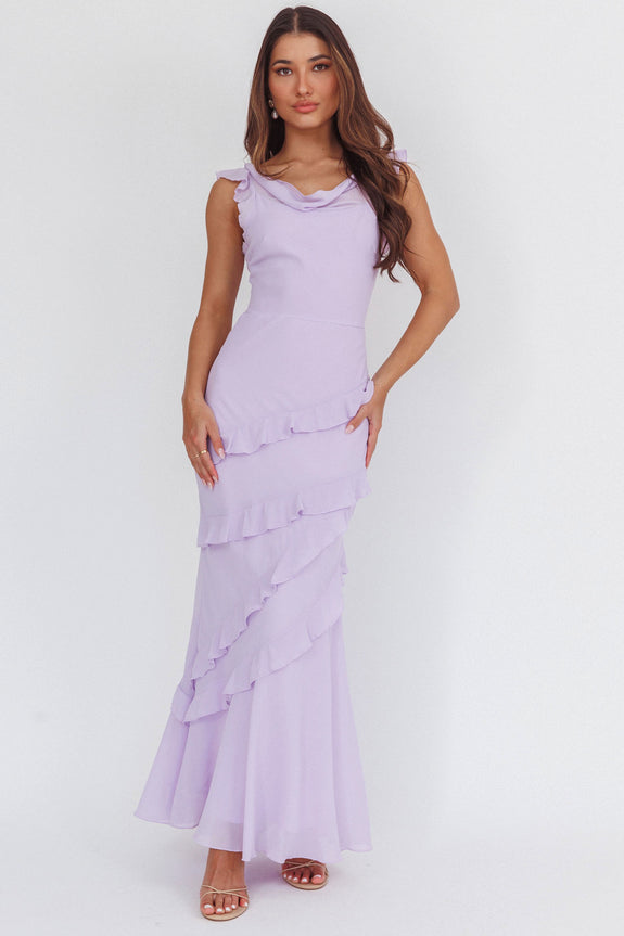 Sangria Cowl Neck Frill Maxi Dress Blue