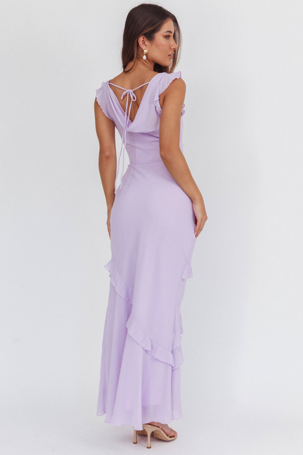 Sangria Cowl Neck Frill Maxi Dress Lilac by Selfie Leslie