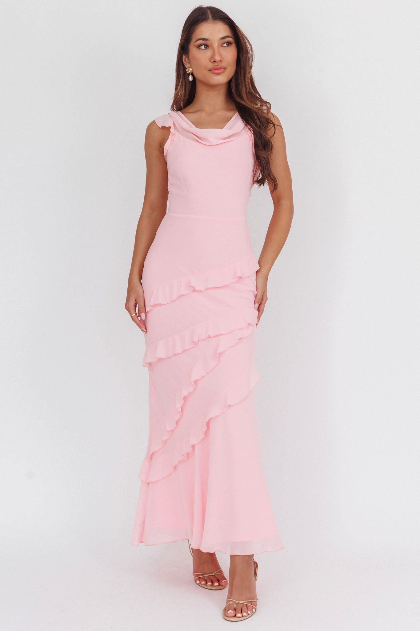 organdy frill dress acka サイズ1 Sangria Cowl Neck Frill Maxi Dress Skin Powder | Selfie Leslie