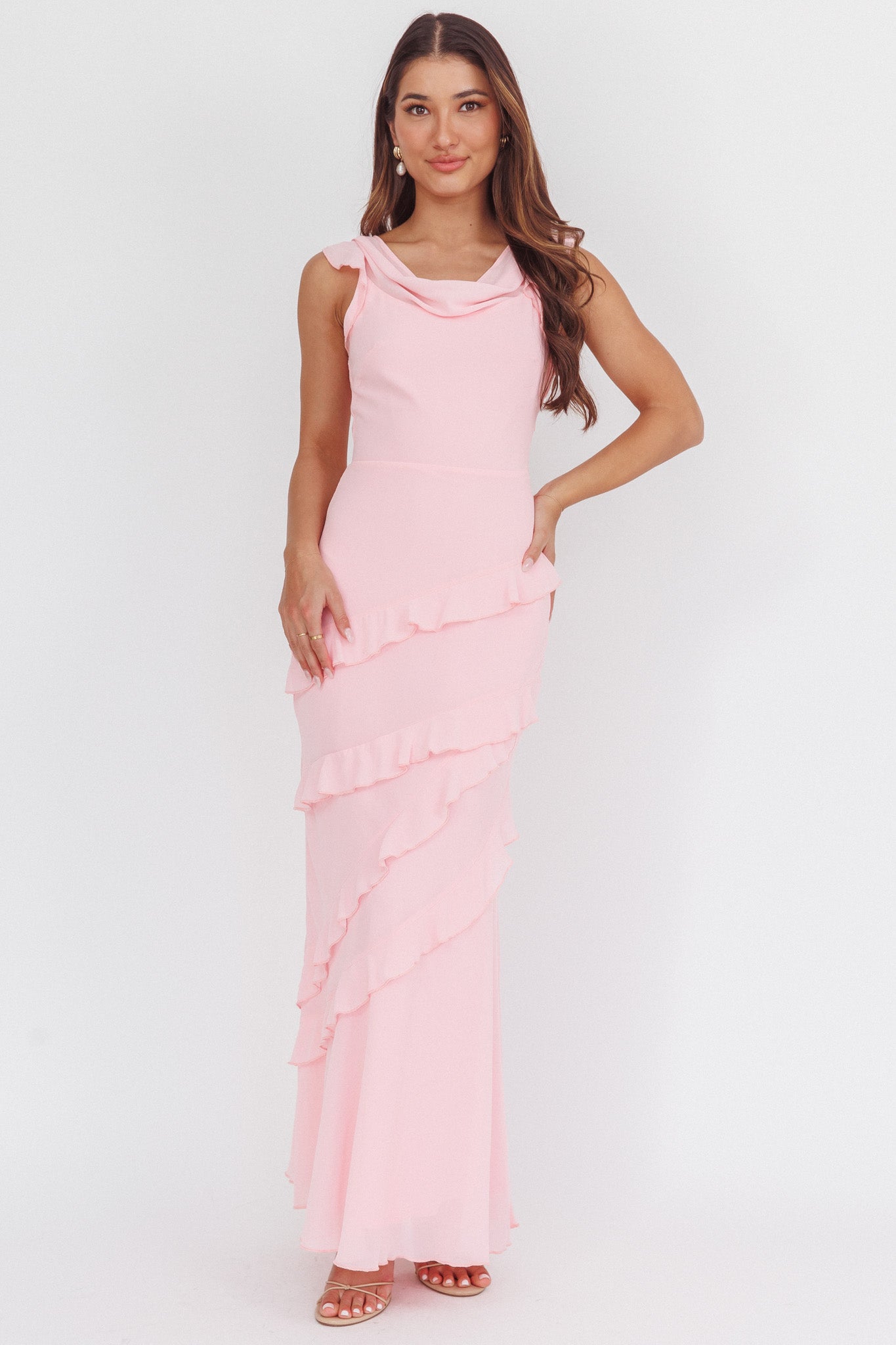 Sangria Cowl Neck Frill Maxi Dress Skin Powder - S