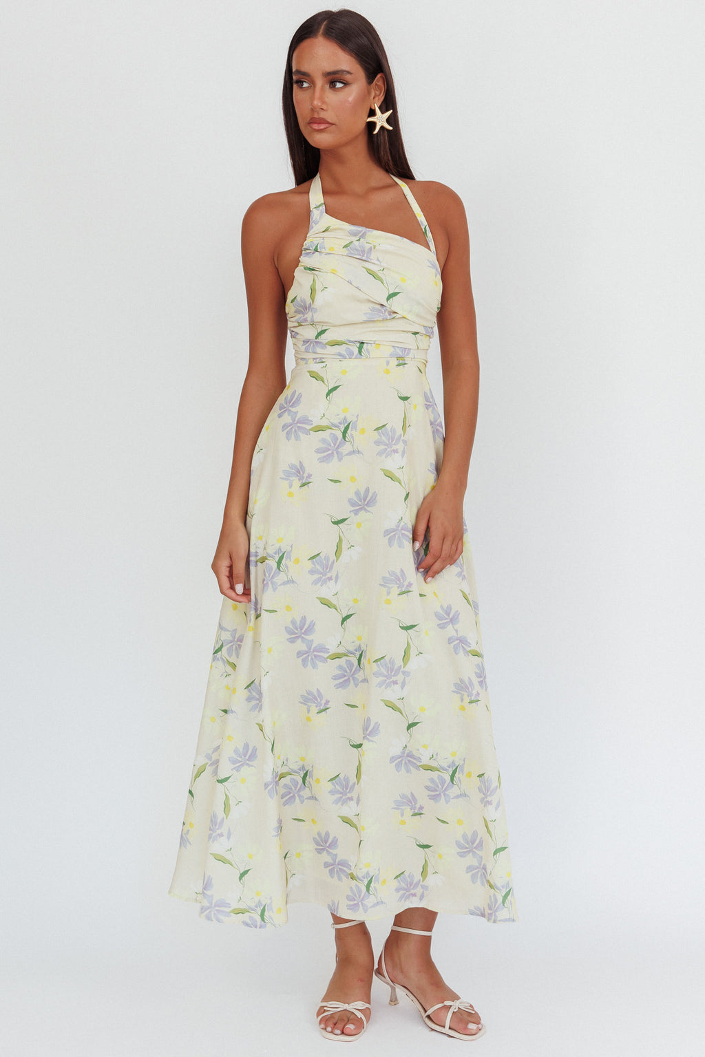 Auriana Asymmetric Neckline Halter maxi Dress Floral Lemon by Selfie Leslie