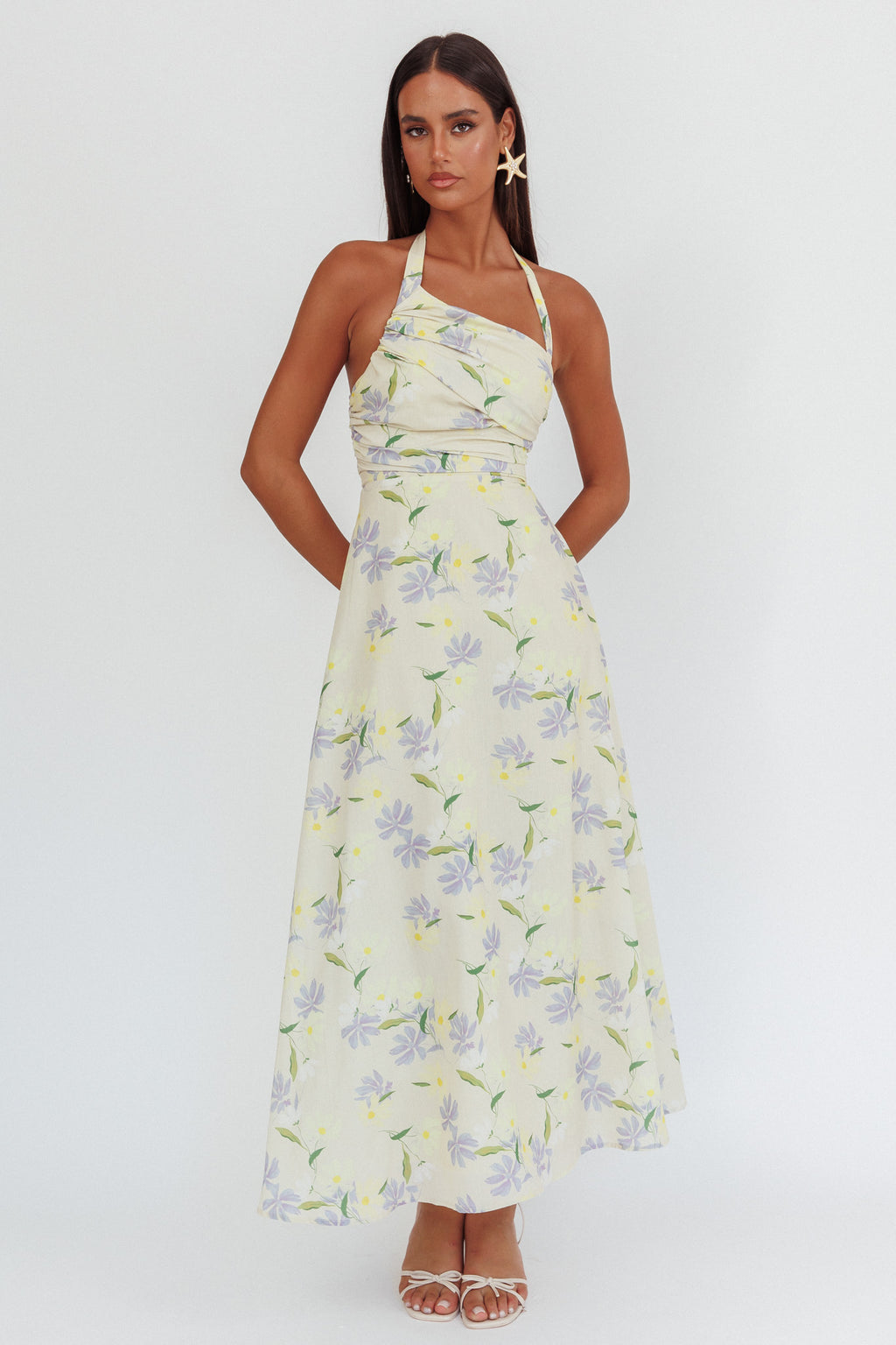 Auriana Asymmetric Neckline Halter maxi Dress Floral Lemon by Selfie Leslie