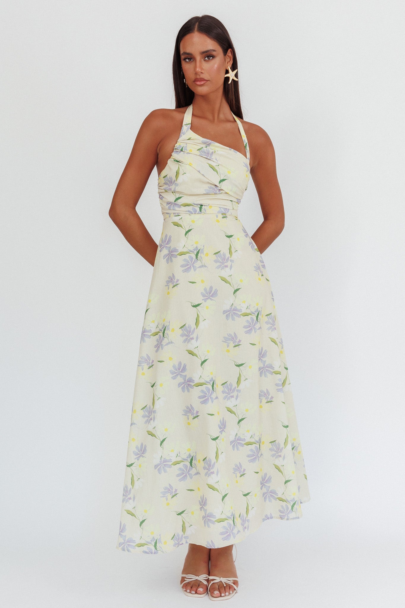 Auriana Asymmetric Neckline Halter maxi Dress Floral Lemon by Selfie Leslie