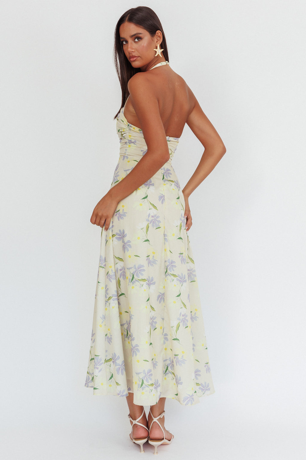 Auriana Asymmetric Neckline Halter maxi Dress Floral Lemon by Selfie Leslie