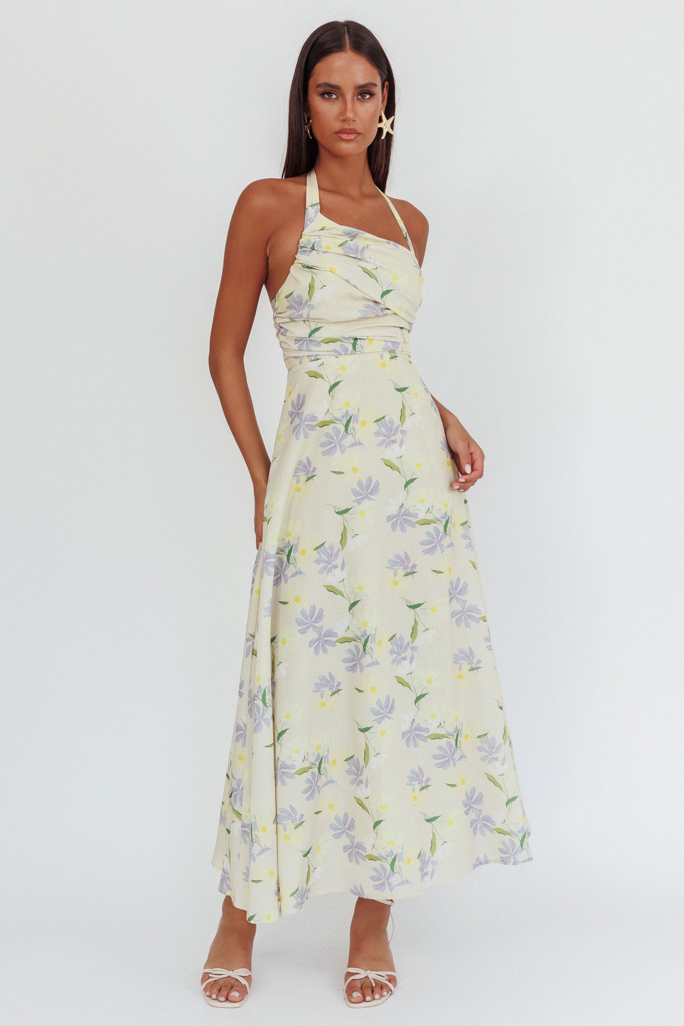 Auriana Asymmetric Neckline Halter maxi Dress Floral Lemon by Selfie Leslie