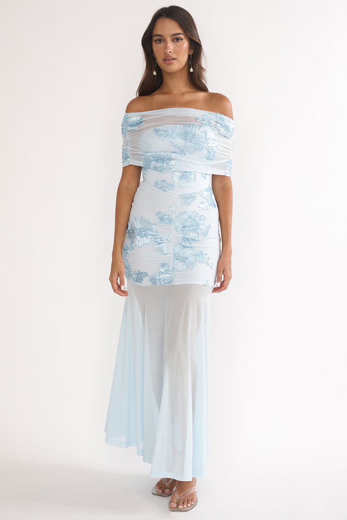 sheer overlay maxi dress Clarita Ruched Embellished Blue Color:Taro the rabbit bra Crochet Lace / Wedding Details A solid mesh