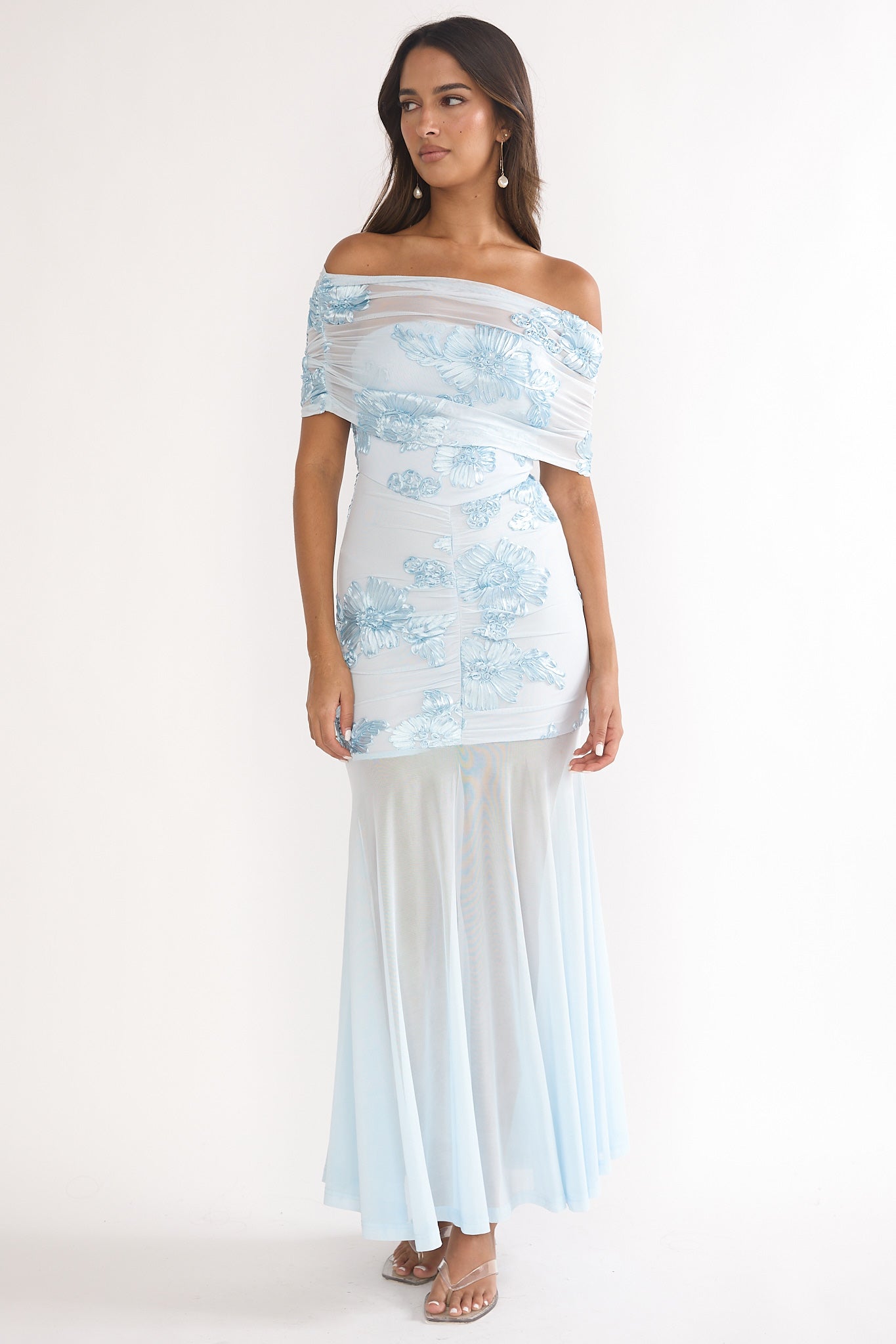Clarita Sheer Ruched Maxi Dress Embellished Blue Clarita Sheer Ruched Maxi Dress Embellished Blue